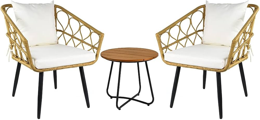 Amazon Basics Outdoor All-Weather 3-Piece Woven Faux Rattan Chair Set With Cushions and Side Tabl... | Amazon (US)