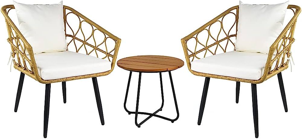 Amazon Basics Outdoor All-Weather Woven Faux Rattan Chair Set with Cushions and Side Table, Tan -... | Amazon (US)