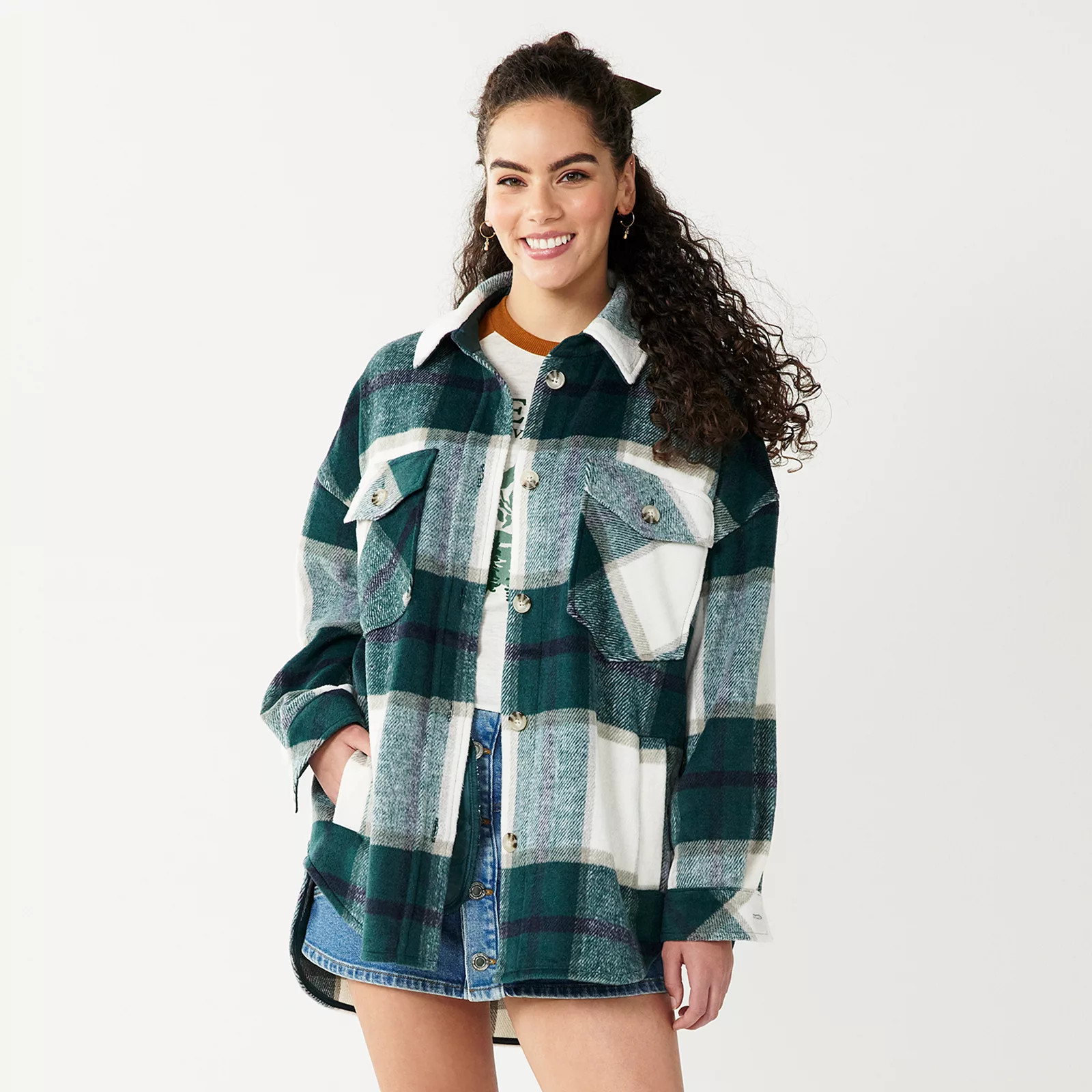 Juniors' SO Oversized Plaid Shacket, Women's, Size: XL, Brt Green | Kohl's