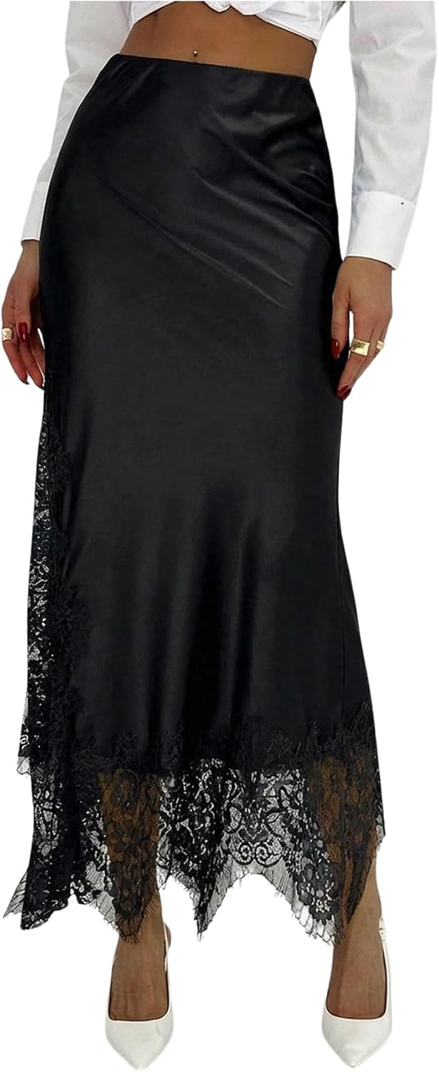 SOLY HUX Women's Satin Lace Maxi Skirt Low Rise Fishtail Long Skirts | Amazon (US)