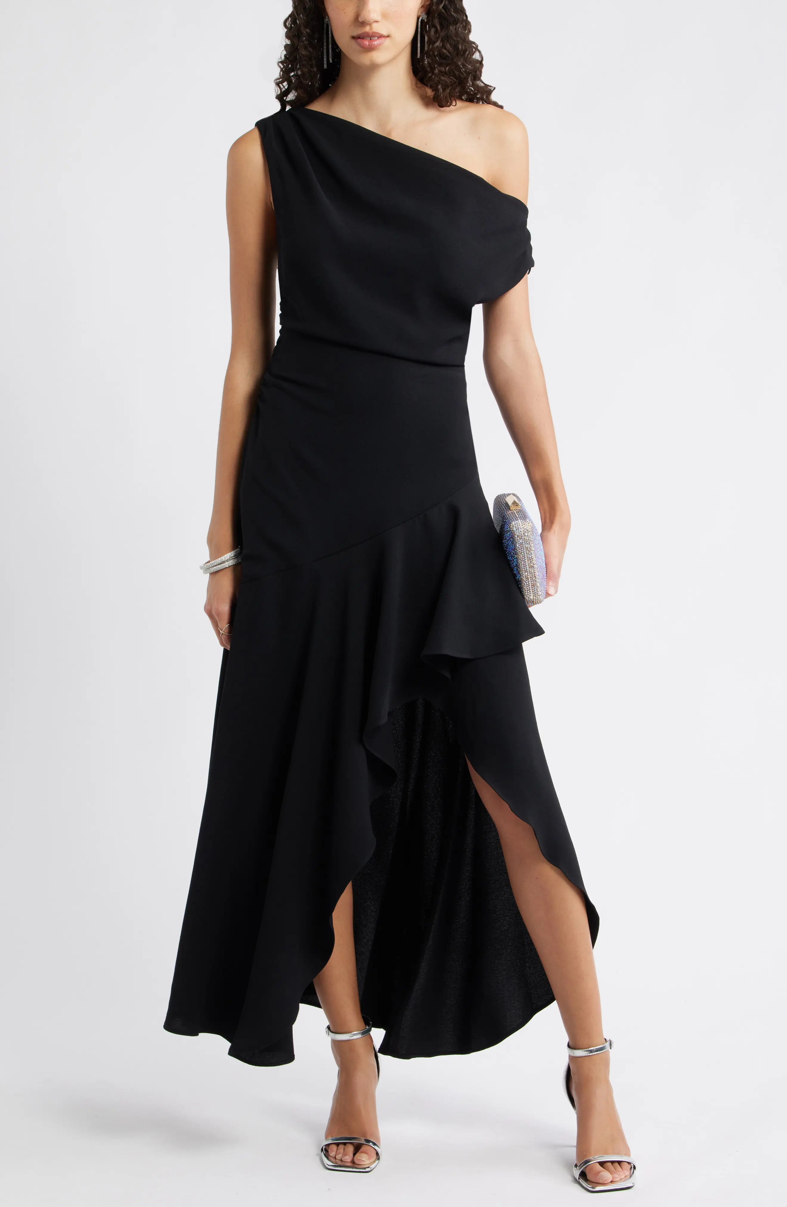 Chelsea28 Cascading Ruffle Crepe One-Shoulder Gown in Black at Nordstrom, Size Large | Nordstrom