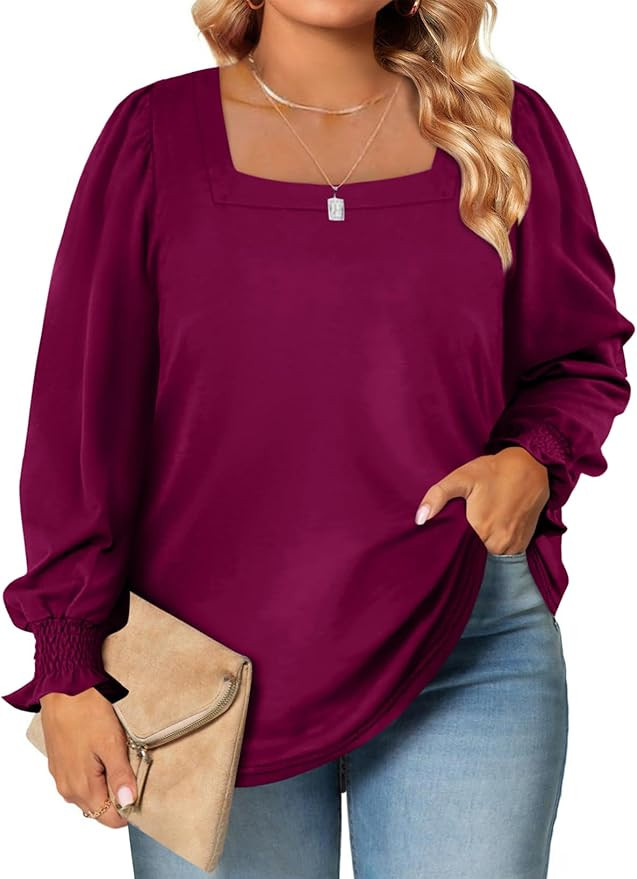 Eytino Womens Plus Size Fall Tops Square Neck Puff Long Sleeve Casual Loose Tee Shirts(1X-5X)    ... | Amazon (US)