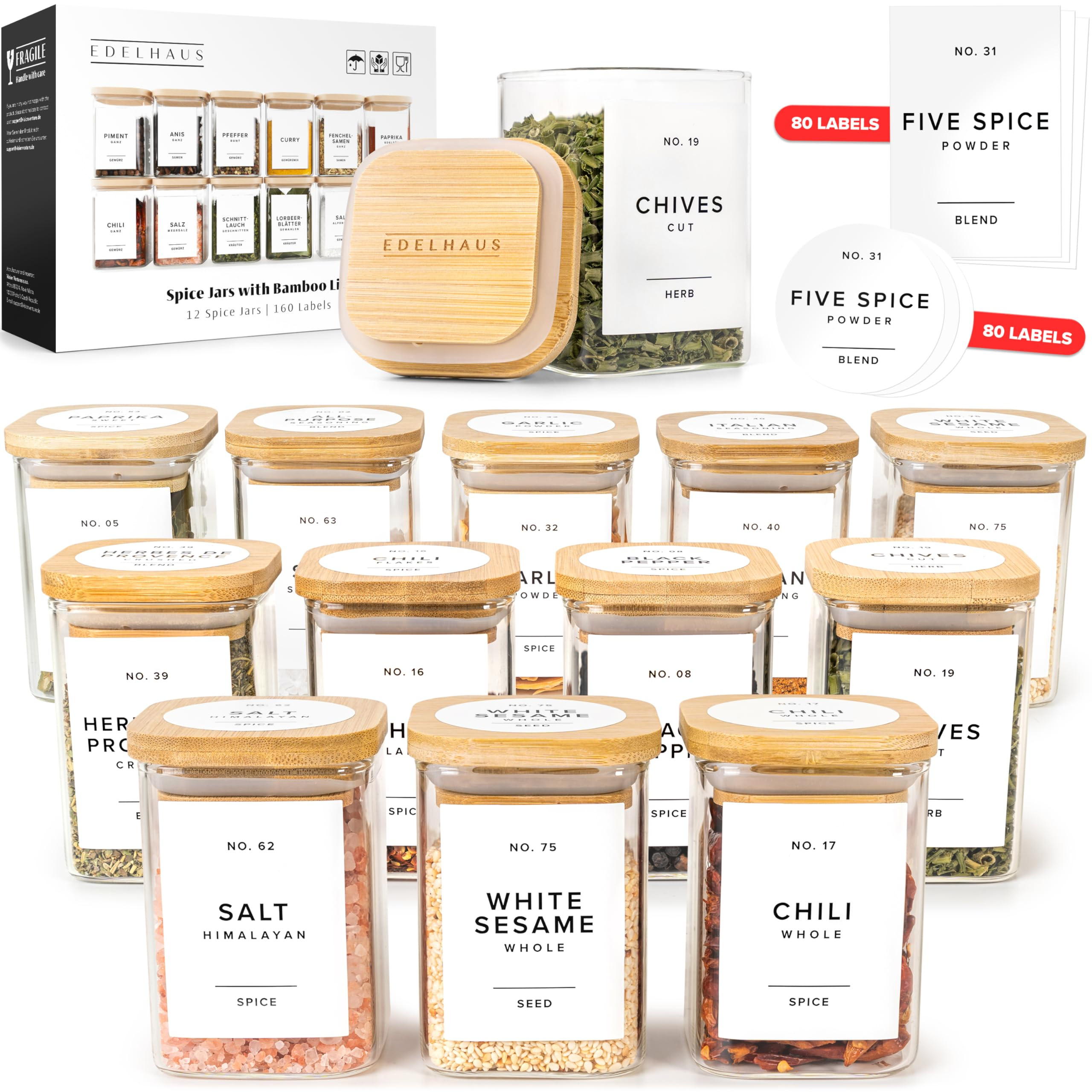 Glass Spice Jars with Label and Bamboo Lids (12 x 6.4oz) Spice Containers with 160 Labels White, ... | Amazon (US)