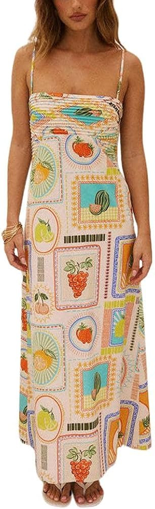 chouyatou Women's Elegant Pleated Floral Printed Maxi Dress Sexy Spaghetti Strap Beach Long Dress... | Amazon (US)