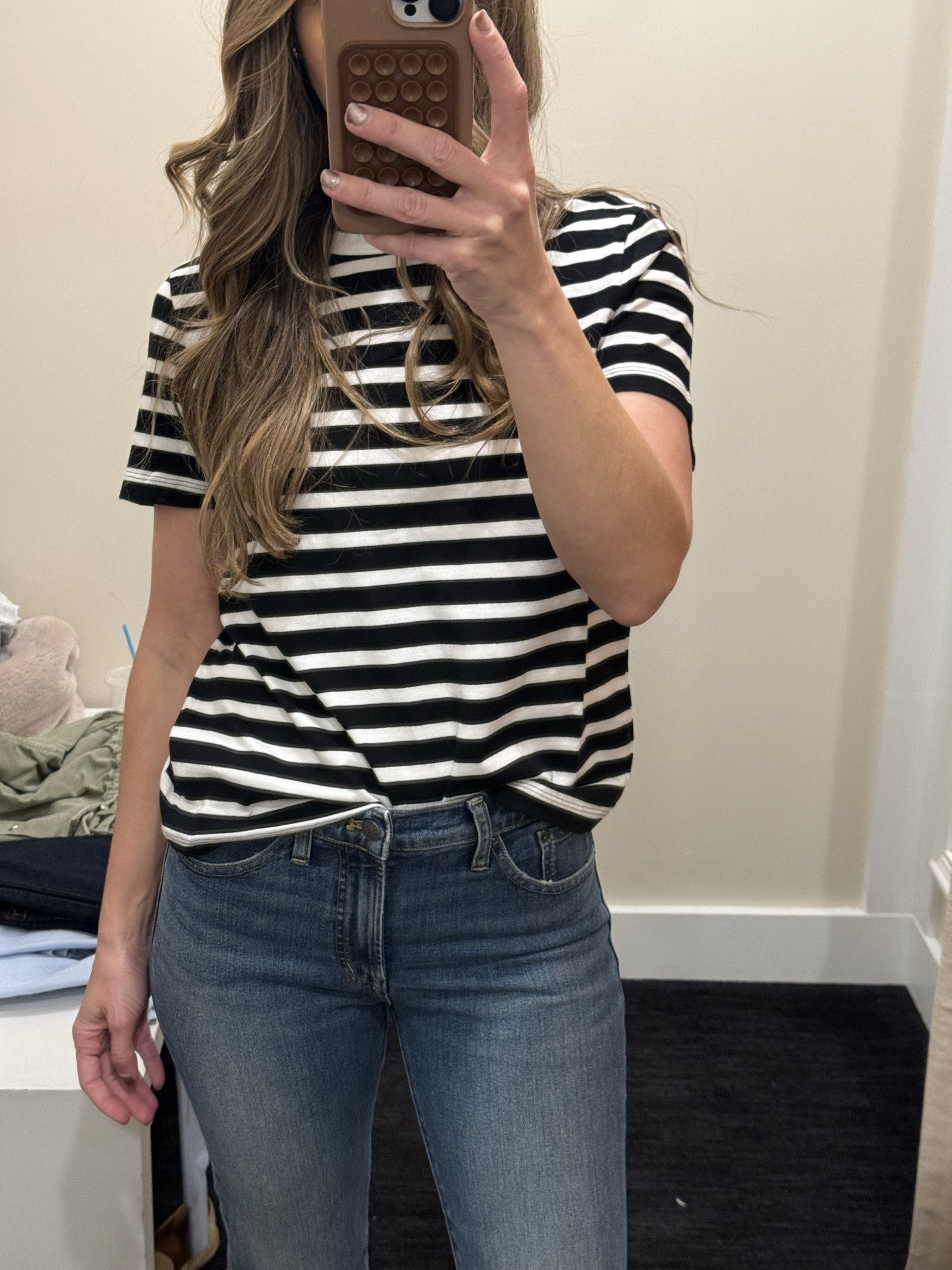 @Madewell striped tee + jeans 
Medium and 26