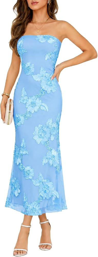 GOOSPRARN Women's Strapless Bodycon Mermaid Maxi Dress Floral Summer Cocktail Wedding Guest Formal Dresses with Non-Slip | Amazon (US)