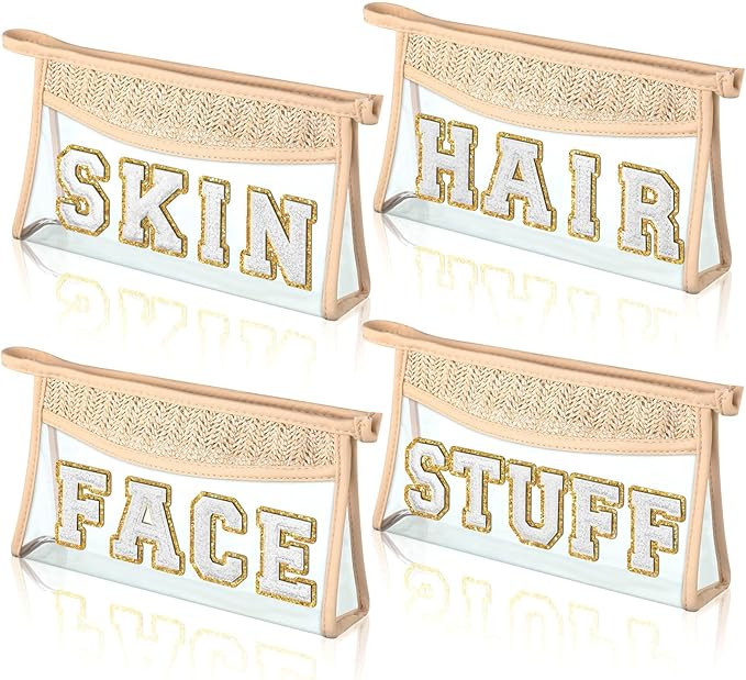 Tanlade 4 Pcs Clear Boho Patch Cosmetic Bag Chenille Letter Straw PVC Travel Makeup Bag Toiletry ... | Amazon (US)