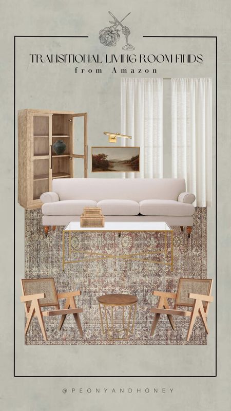 Shop this transitional style living room design with a neutral beige sofa, wood cabinet, glass and brass coffee table, cane accent chairs, and affordable linen curtains. #transitionaldesign #competition #homedecor #interiordesign #livingroom #furniture #sofa #wallart #cabinet #curtains #rug #accentchair #accenttable #coffeetable #livingroomfurniture #amazonfinds #amazon #founditonamazon 

#LTKhome #LTKFind
