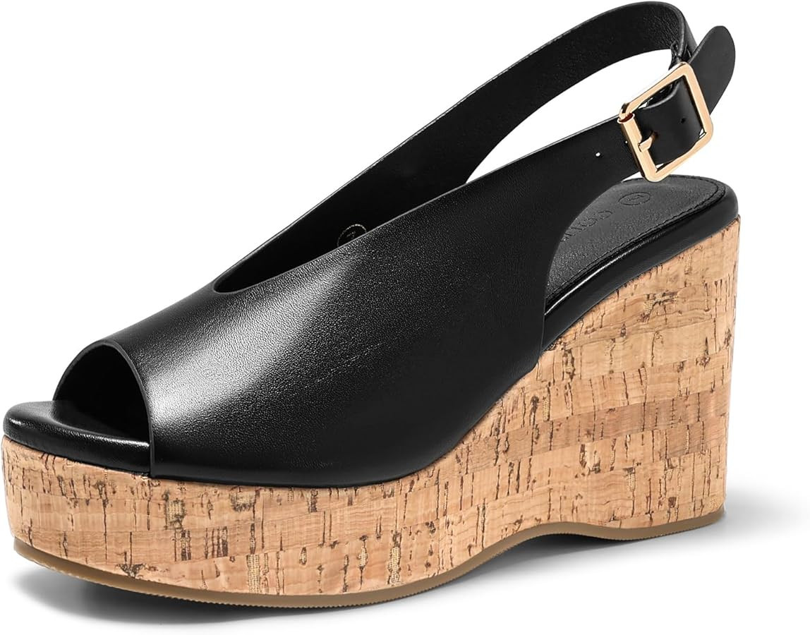 Coutgo Womens Platform Wedge Sandals Open Peep Toe Slingback Cork High Heels Summer Beach Shoes | Amazon (US)