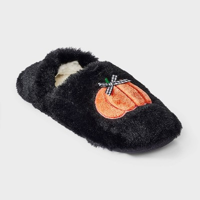 Women's Halloween Embroidered Pumpkin Faux Fur Slipper Socks with Grippers - Hyde & EEK! Boutique™ Black M/L | Target