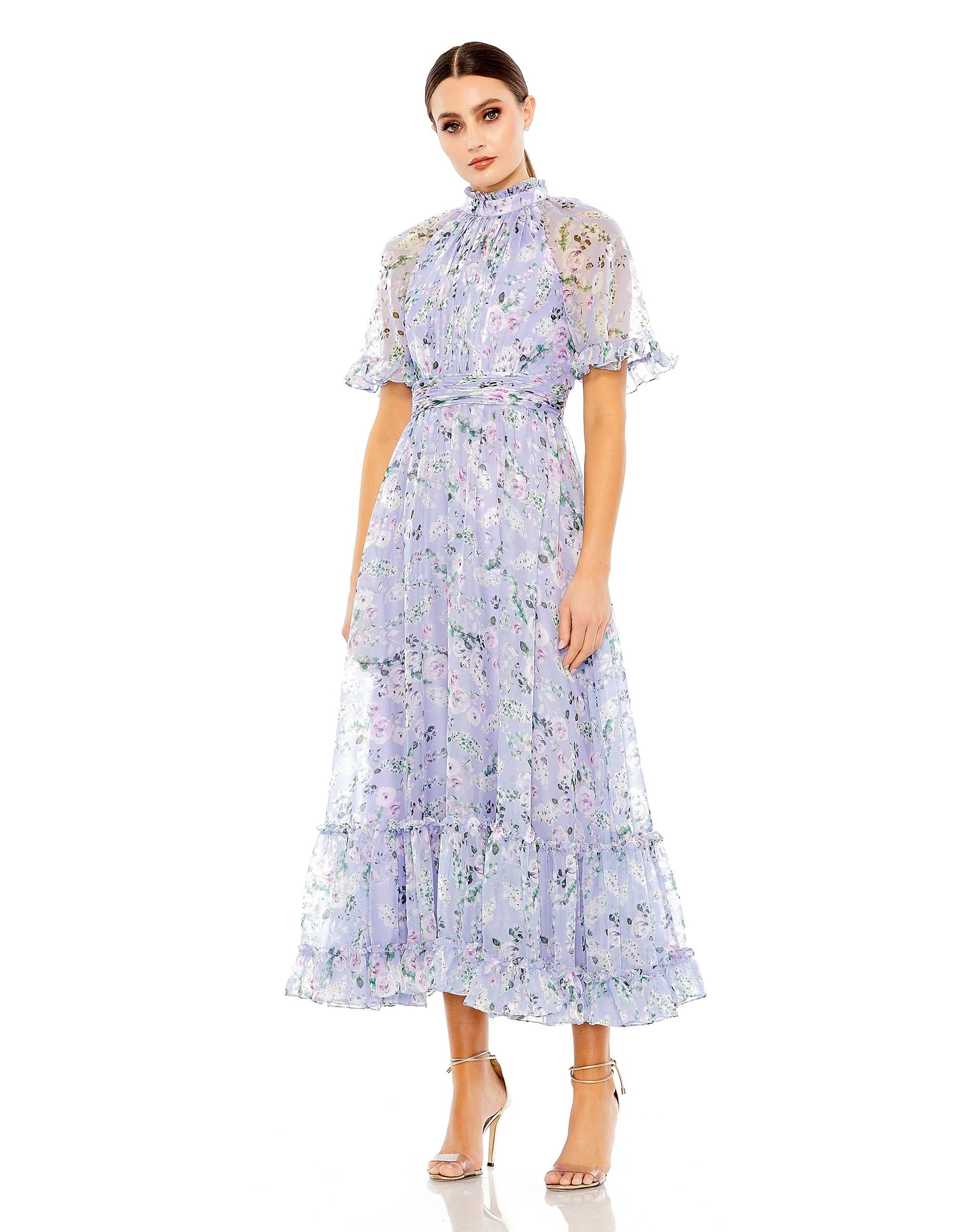 Floral Print High Neck Raglan Sleeve Dress | Mac Duggal