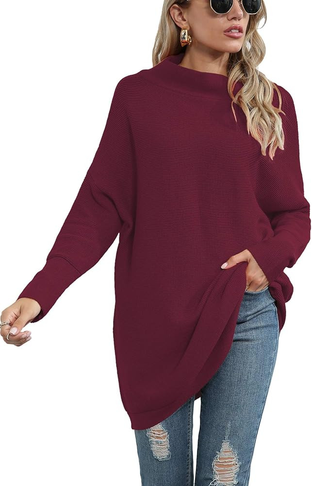 Calbetty Womens Turtleneck Batwing Sleeve Chunky Knit Pullover Sweater Tops Casual Oversized Tunic S | Amazon (US)