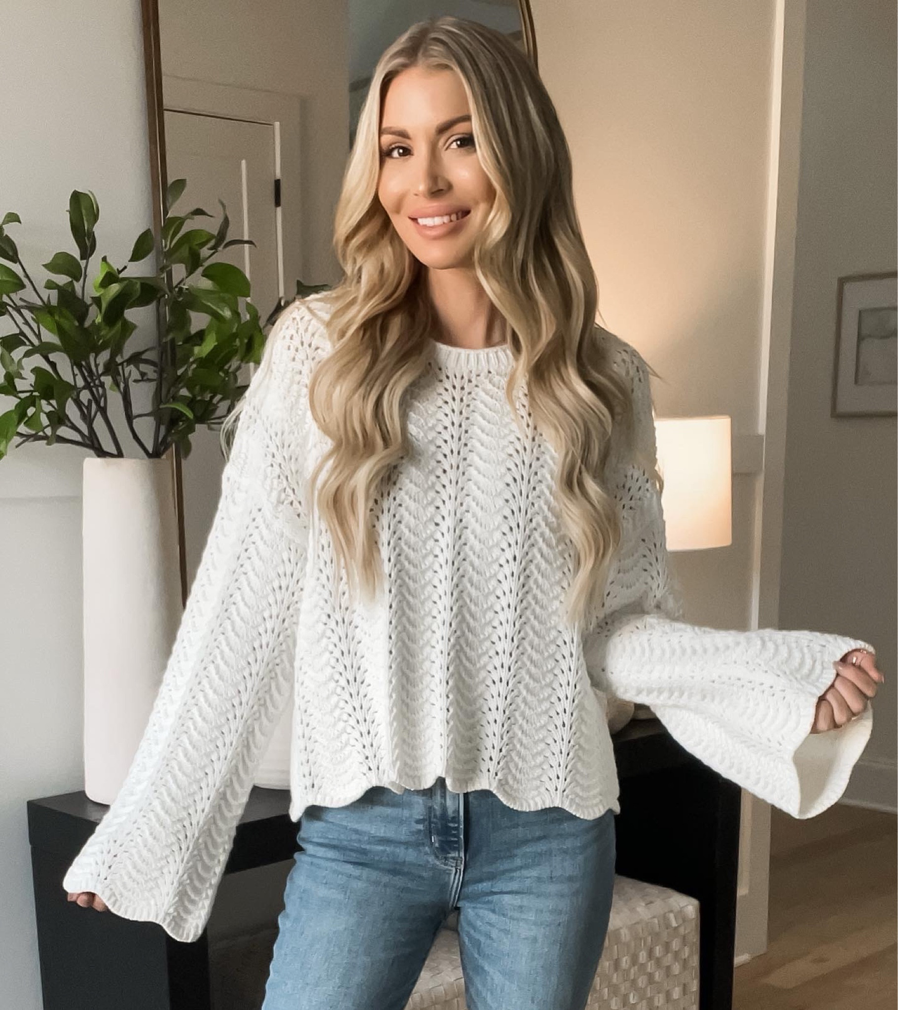 Fall outfit sweater boho flare sleeves crochet ivory white sweater knit thanksgiving outfit 
