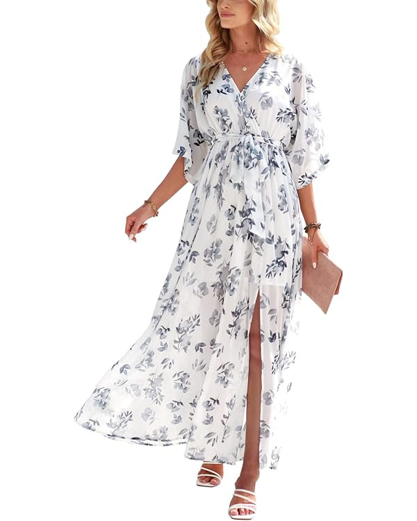 ANRABESS Women’s Summer Loose Boho Flowy Wrap V Neck 3/4 Sleeve Floral Print Slit Beach Wedding... | Amazon (US)