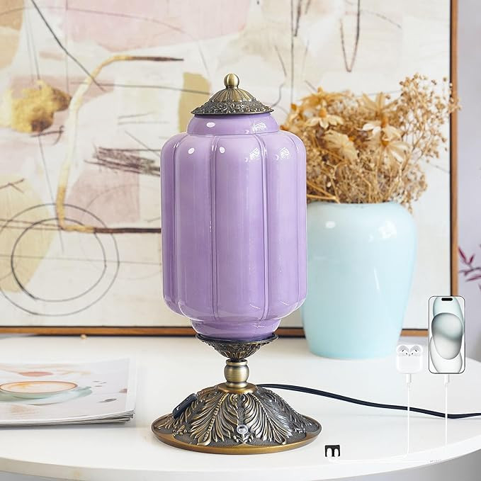 Vintage Purple Glass Touch Table Lamp, Elegant MilK Glass Bedside Desk Lamp 3 Way Dimmable with U... | Amazon (US)