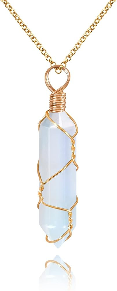 Healing Crystal Necklace Wire Wrapped Natural Point Pendant Necklace Hexagonal Reiki Spiritual Qu... | Amazon (US)