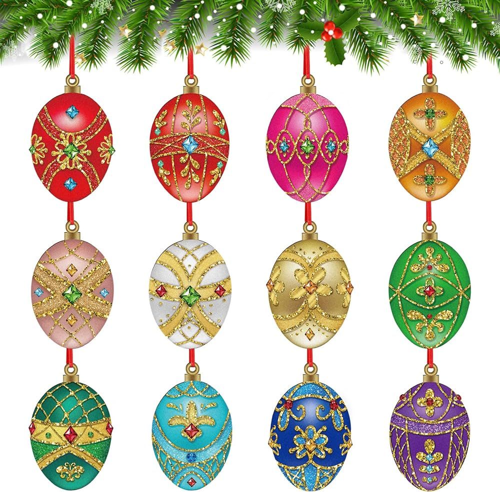 12 Pcs Christmas Egg Ornament Colorful Vintage Christmas Decorative Egg Hanging Ornaments Wooden ... | Amazon (US)