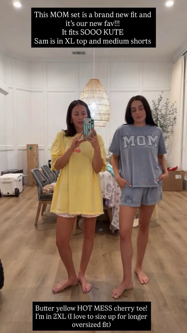 This MOM set is a brand new fit and it’s our new fav!!! 
It fits SOOO KUTE
Sam is in XL top and medium shorts Butter yellow HOT MESS cherry tee! I’m in 2XL (I love to size up for longer oversized fit)