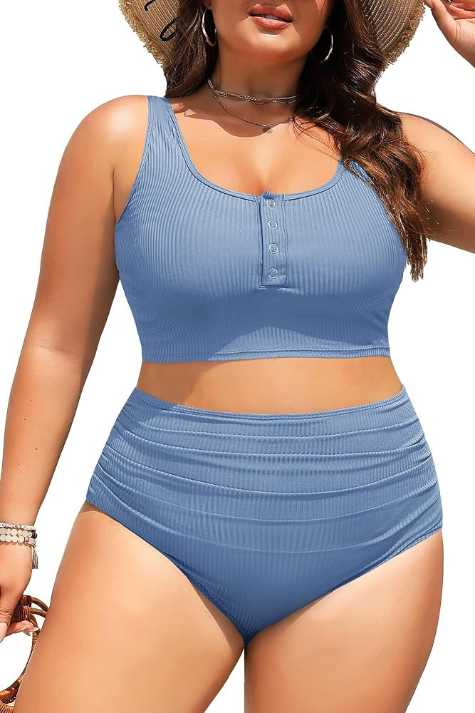 Plus Size 2 Piece Swimsuit - Womens High Waisted Bikini Tummy Control Bathing Suit Ribbed 2025 Sw... | Amazon (US)