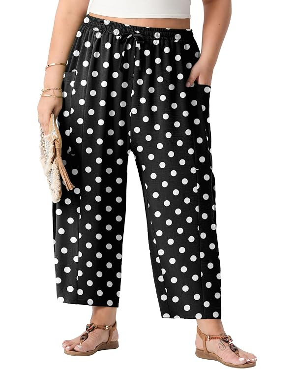 Plus Size Pants for Women Wide Leg Cropped High Waisted Flowy Lightweight Pull On Loose Fit Summe... | Amazon (US)