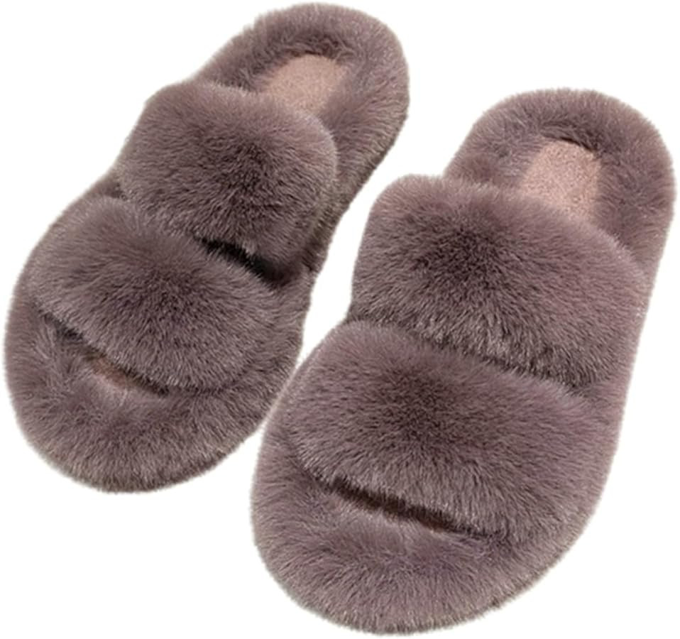 SywzX&xfybz Women's Slippers Women Open Toe Fuzzy Plush Comfy Faux Fur Lined Slide Shoes Indoor H... | Amazon (US)