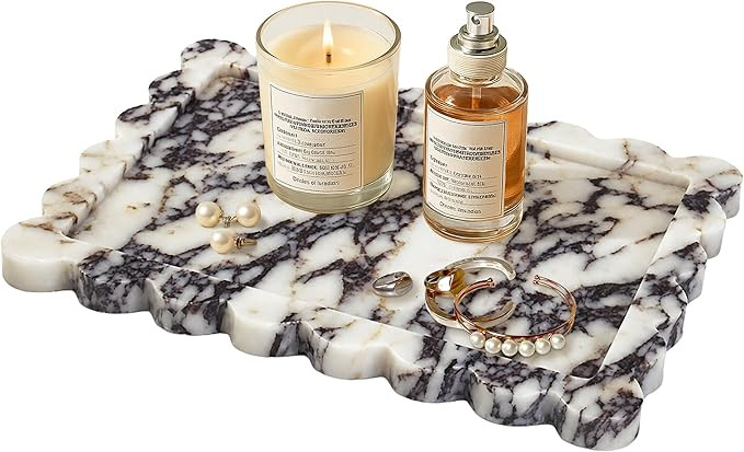 Scalloped Marble Tray,Marble Vanity Trays for Bathroom 12" x 9", Scalloped Tray,Wave Appearance J... | Amazon (US)
