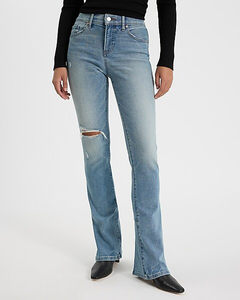 Mid Rise Light Wash Ripped Back Slit Skyscraper Jeans | Express