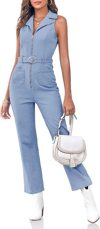 PLNOTME Women's Sleeveless Denim Jumpsuits Zip Up Belted Straight Leg Jeans Long Rompers | Amazon (US)