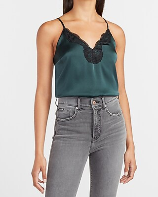 Satin Lace Trim V-Neck Cami | Express