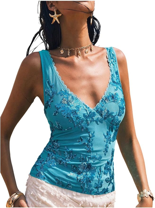 MakeMeChic Women's Y2k Sparkly Sequin Tank Tops Floral Sexy V Neck Lace Crop Party Top | Amazon (US)