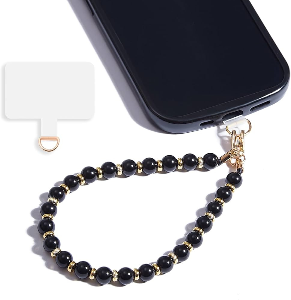 Marble Beaded iPhone Wrist Strap,Detachable Phone Bracelet Strap with Tether Tab,Hands-Free Phone Wristlet Strap (Obsidian-Black) | Amazon (US)