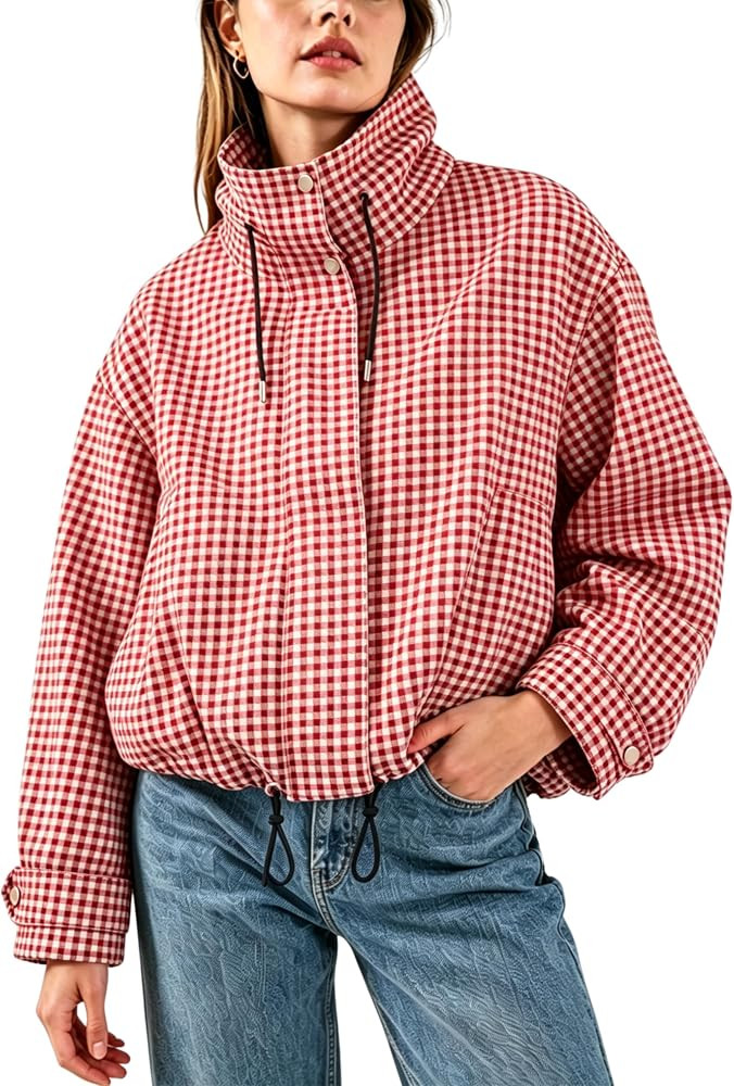 Esmeling Women Gingham Zipper Bomber Jacket Stand Collar Long Sleeve Jacket Cropped Outwear with ... | Amazon (US)