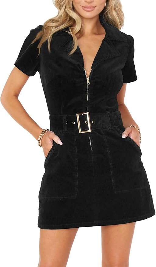 Women's Corduroy Mini Dress Short Sleeve Lapel Zip Up Belted Cowgirl Dresses with Pockets | Amazon (US)