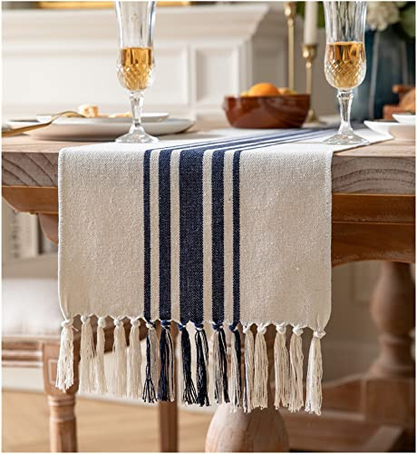 Boho Table Runner for Modern Farmhouse Decor, Dining Table décor 13 x 72 Inch Long with Handcrafted Tassels, Navy Blue and Beige Stripe Table Runner for Home Boho décor | Amazon (US)