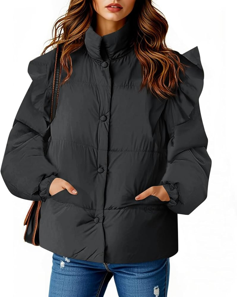 Tankaneo Womens Puffer Quilted Jacket Winter Ruffle Sleeve Button Down Padded Coat with Pockets | Amazon (US)