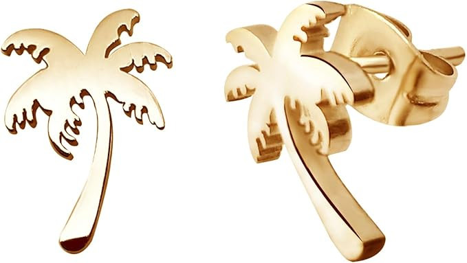 Tiny Simple Chic Coconut Palm Tree Stud Stainless Steel Post Button Earrings 3 Tone | Amazon (US)