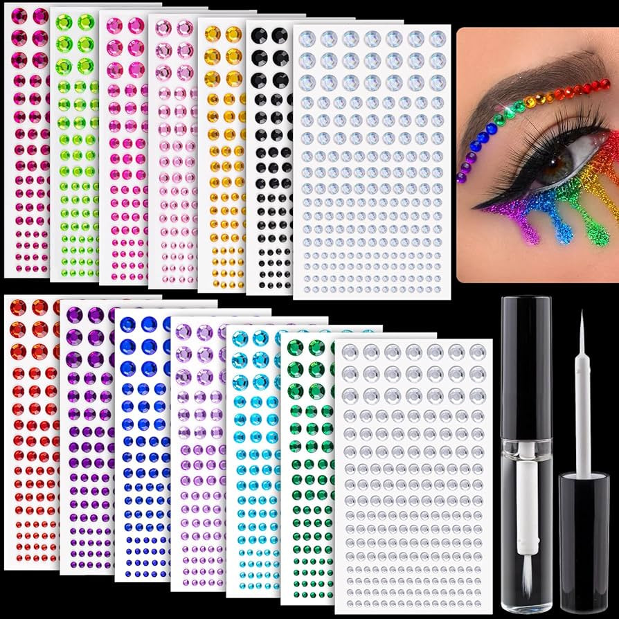 2758 Pcs of Rhinestone Stickers 3/4/5/6/8mm with 14 Colors Self Adhesive Face Gems, Stick on Body... | Amazon (US)