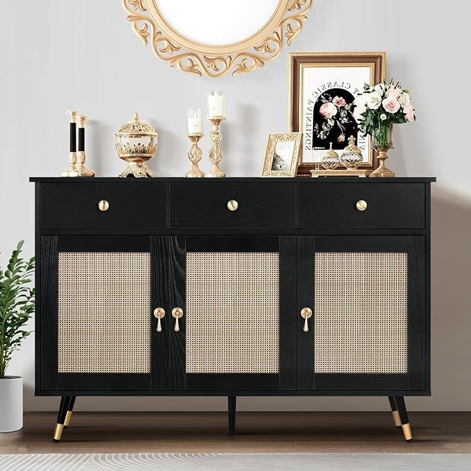 4ever2buy Buffet Cabinet with Storage, Black Sideboard Cabinet with Gold Vintage Handle and 3 Rat... | Amazon (US)