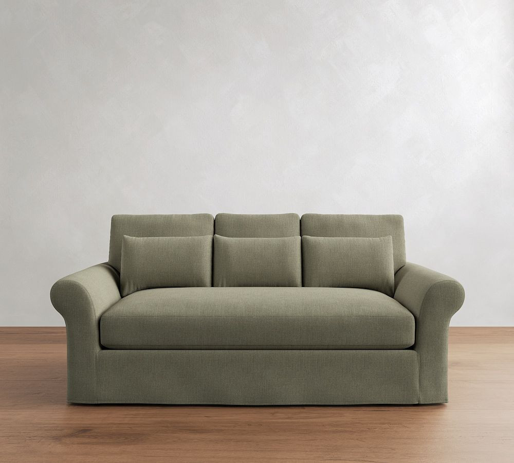 PB Comfort Modern Roll Arm Slipcovered Deep Seat Sofa 82" 3X1, Down Blend Wrapped Cushions, Performance Rustic Linen Loden | Pottery Barn (US)