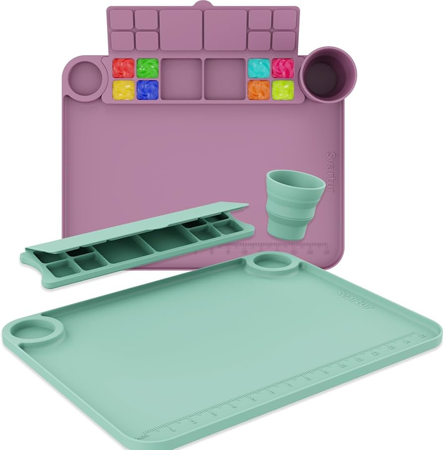 Svartur Silicone Painting Mat with Cup and Palette Detachable, 17"X13" Thick Silicone Craft Mat with Raised Edge for Artist, Painting Station Creator Mat, Pack of 2, Purple & Green | Amazon (US)