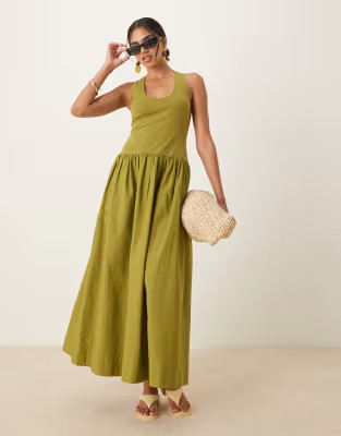 ASOS DESIGN scoop neck hybrid maxi dress in tonal olive | ASOS (Global)