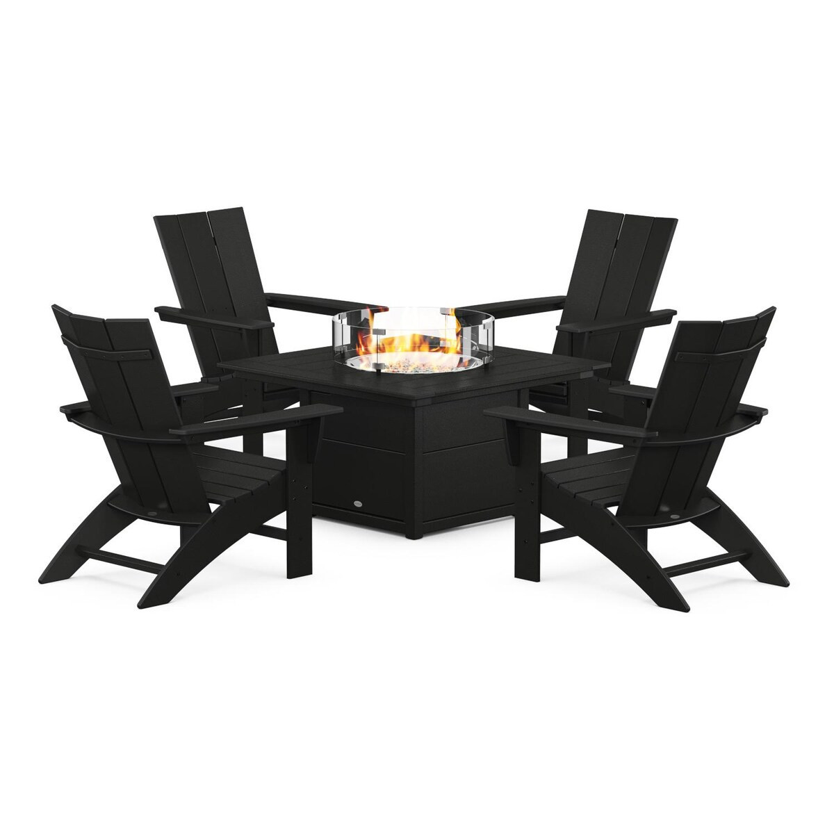 POLYWOOD Modern Adirondack 5 Pc Recycled Plastic Fire Pit Seating Set w/ Curveback Chairs in Black by - PWS412-1-BL | BBQ Guys