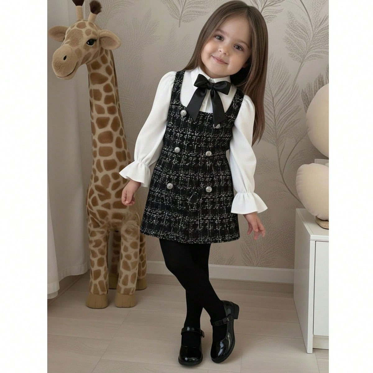 Young Girl Casual Simplistic Comfortable Collared Puff Sleeve Color Block Patchwork Plaid Dress,Ong Sleeve Fitted Casual Cake A-Line Dress,Autumn Winter New Arrival | SHEIN