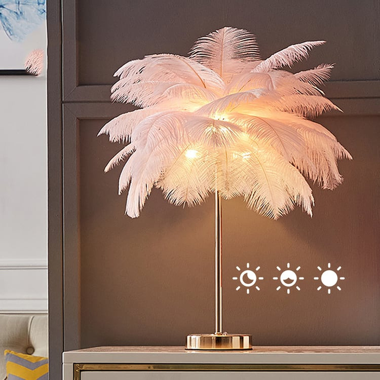 Loftus Art Deco Dimmable Table Lamp Gold Portable Lamp with Pink Feather & USB Charging | Homary