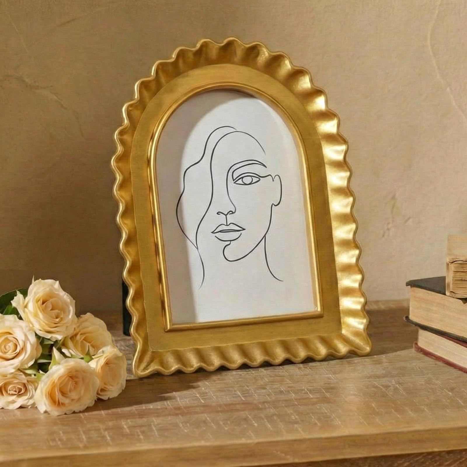 5x7 Inch Gold Petal Arched Picture Frame Vintage Scalloped Wooden Real Glass Photo Frame Decorati... | Amazon (US)