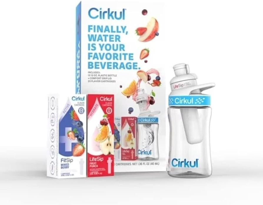 Cirkul 12oz BPA-Free Plastic Water Bottle Starter Kit with Blue Lid, 2 Flavor Cartridges (1 LifeSip Fruit Punch, 1 FitSip Mixed Berry) | Amazon (US)
