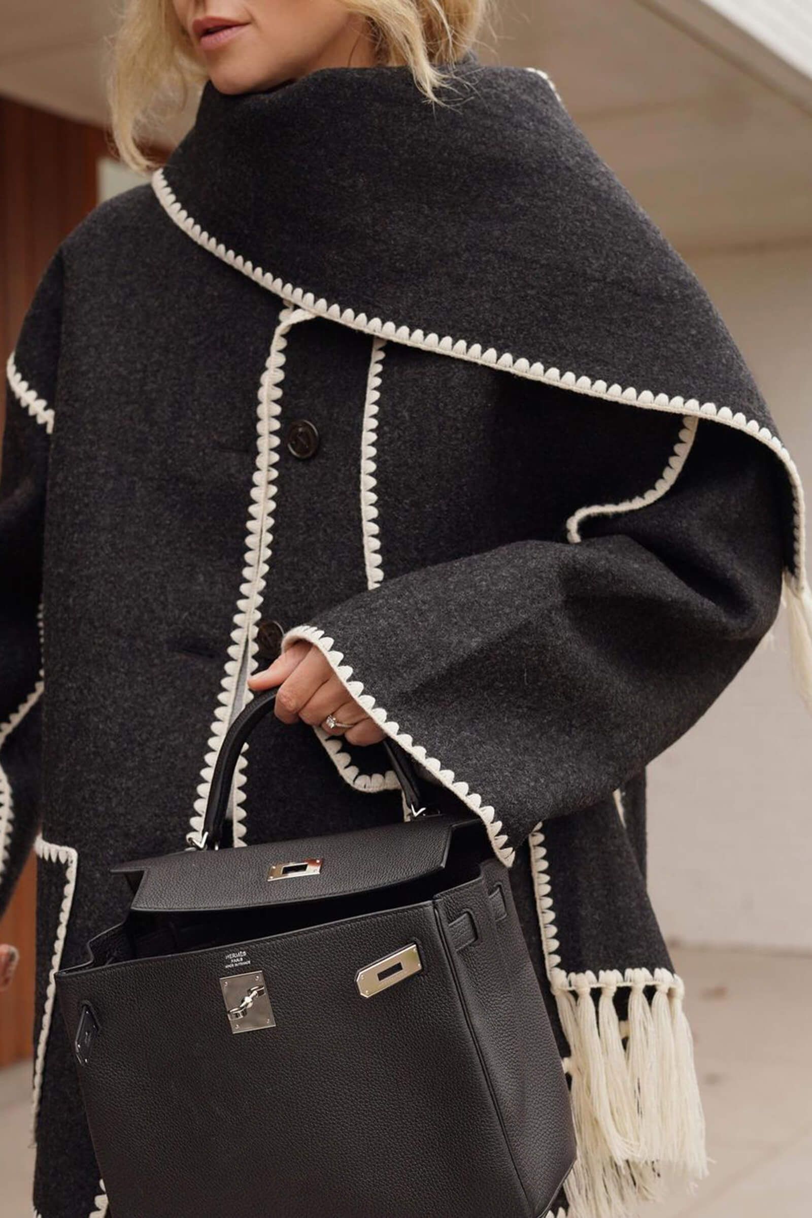 Black Contrast Drop Shoulder Wool-Blend Tweed Coat with Scarf | J.ING