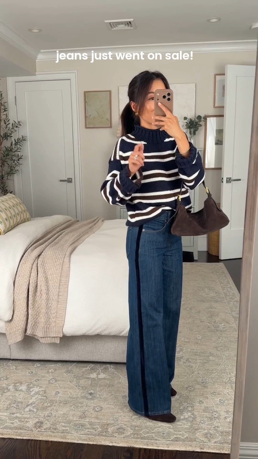 Jeans on sale! Size info below! 
• Denim trouser jean, this wash runs a little small. I am trying my usual 24 petite here which was tight, so I exchanged for a 25 petite which fits me better. 25P measures 13” across waist, 10” rise, 28.5” inseam. FYI the sizing is different for each wash. 

• Rollneck sweater XXS, runs big, kids version also runs big (the kids is cut more straight up and down while the womens has more slouch)

• Sylvie ankle boots 5.5 

• Suede shoulder bag, convertible with 2 straps 

Petite friendly jeans, fall outfit ideas, striped sweater

#LTKootd #LTKSeasonal #LTKPetite