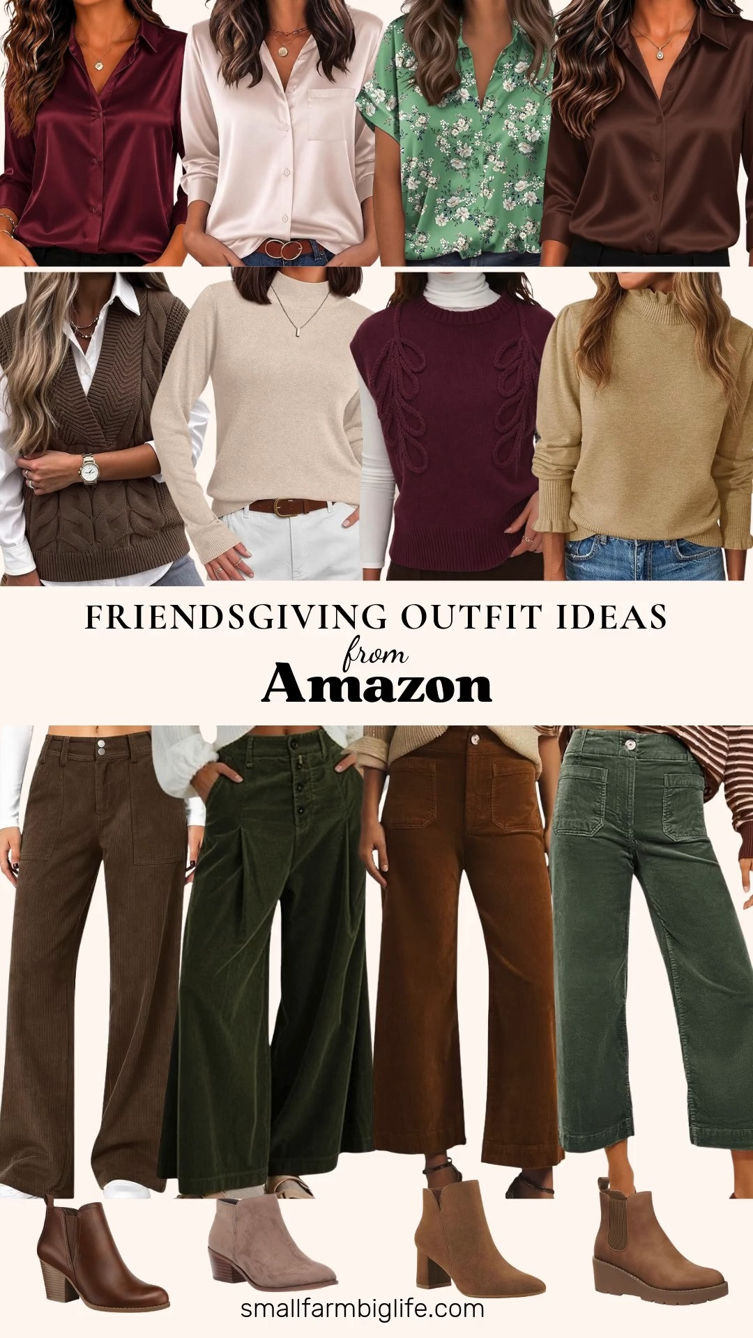 🍂 Friendsgiving Outfit Ideas From Amazon

For Friendsgiving, pair corduroy pants with a satin blouse or a cozy sweater and ankle boots. For corduroy pants, choose army green wide leg trousers with a button front, army green or coffee high waisted straight leg pants with pockets, or brown mid rise wide leg pants with a slight flare. Make it dressy casual with a satin button down blouse: chocolate with three quarter sleeves, wine red with a V neck, champagne with pockets, or a green floral short sleeve style. For a cozier look, wear a beige fitted mock neck sweater, a camel heather ruffle mock neck with puff sleeves, or layer a brown V neck or wine cable knit sweater vest over a long sleeve top. Finish with fall shoes like brown ankle boots with a stacked chunky heel, brown pointed toe dressy booties with a 2.5 inch block heel, taupe low heel ankle boots, or brown platform wedge Chelsea boots with a lug sole. Corduroy, satin, and soft knits make comfortable, polished fall outfits for women over 50 that work for Thanksgiving, holiday gatherings, and casual date night too.

#amazonfashion #amazonfinds #friendsgiving #satinblouse #falloutfits 

 #LTKgrwm #LTKootd #LTKOver40