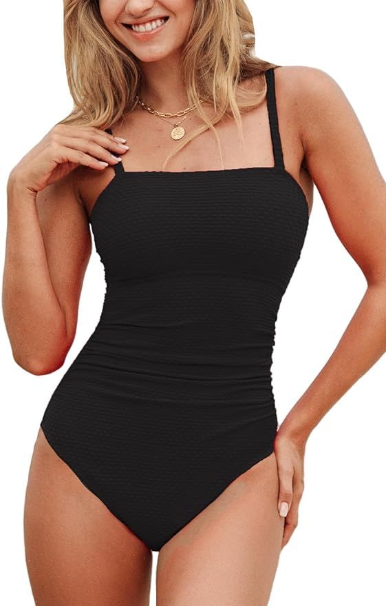 CUPSHE Women's One Piece Swimsuit Tummy Control Ruched Bathing Suit Square Neck Crisscross Back T... | Amazon (US)